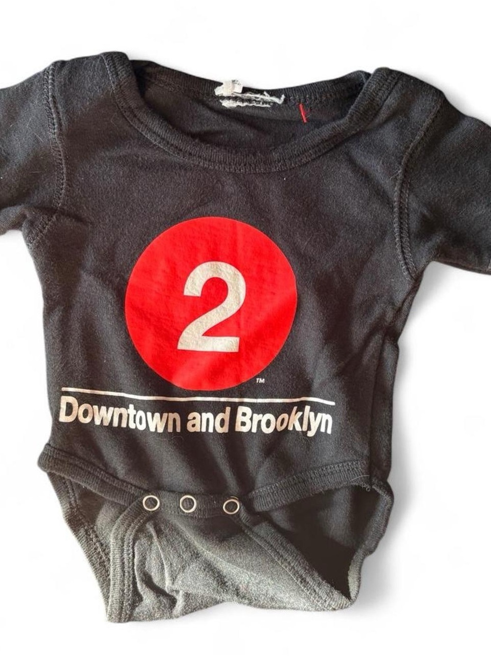 Black Baby Onesie with Red '2' Downtown and Brooklyn Graphic
